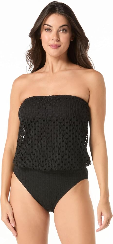Amazon.com: Carmen Marc Valvo Crochet Blouson Tankini Top, Black